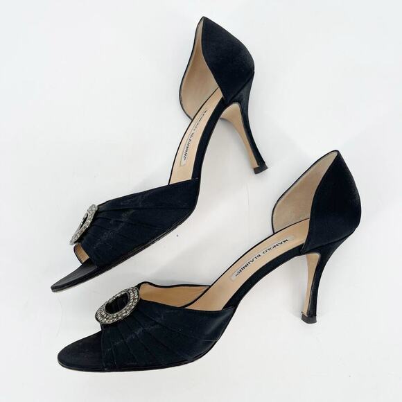 Manolo Blahnik y2k Black Satin Sedaraby Crystal D’Orsay Peep Toe Heels IT 41 - Picture 6 of 14